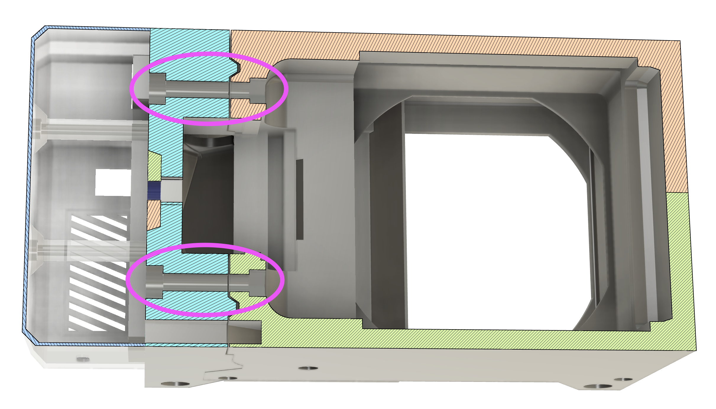 Cutaway CAD rendering of the dehumidifier.  Two screw cavities are
marked.