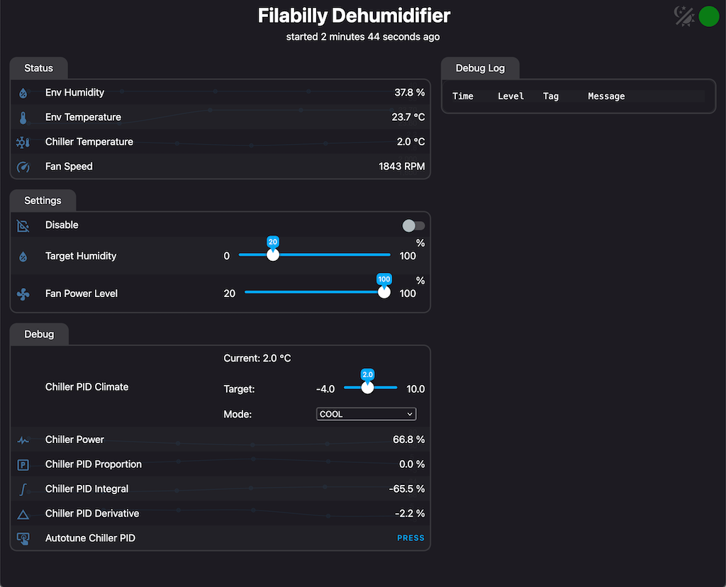 The dehumidifier's web
interface